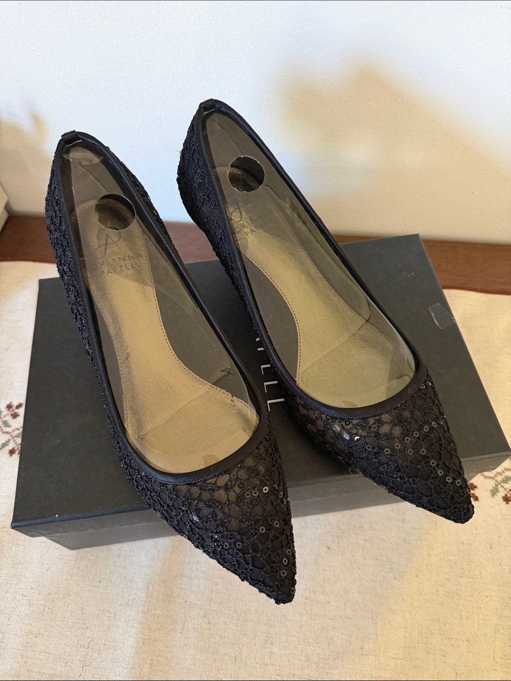 Adrianna Papell Black Lace Pointed-Toe Flats with Sequin Detail